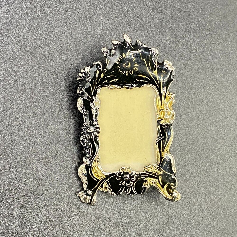 Vintage Miniature Black Silver & Gold Tone Floral Picture Frame Pin Brooch